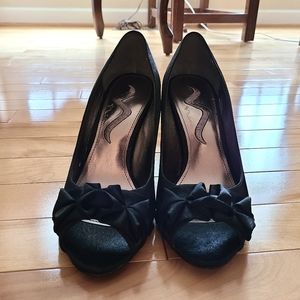 Nina's Shoes Black Royal Satin Peep Toe Heels